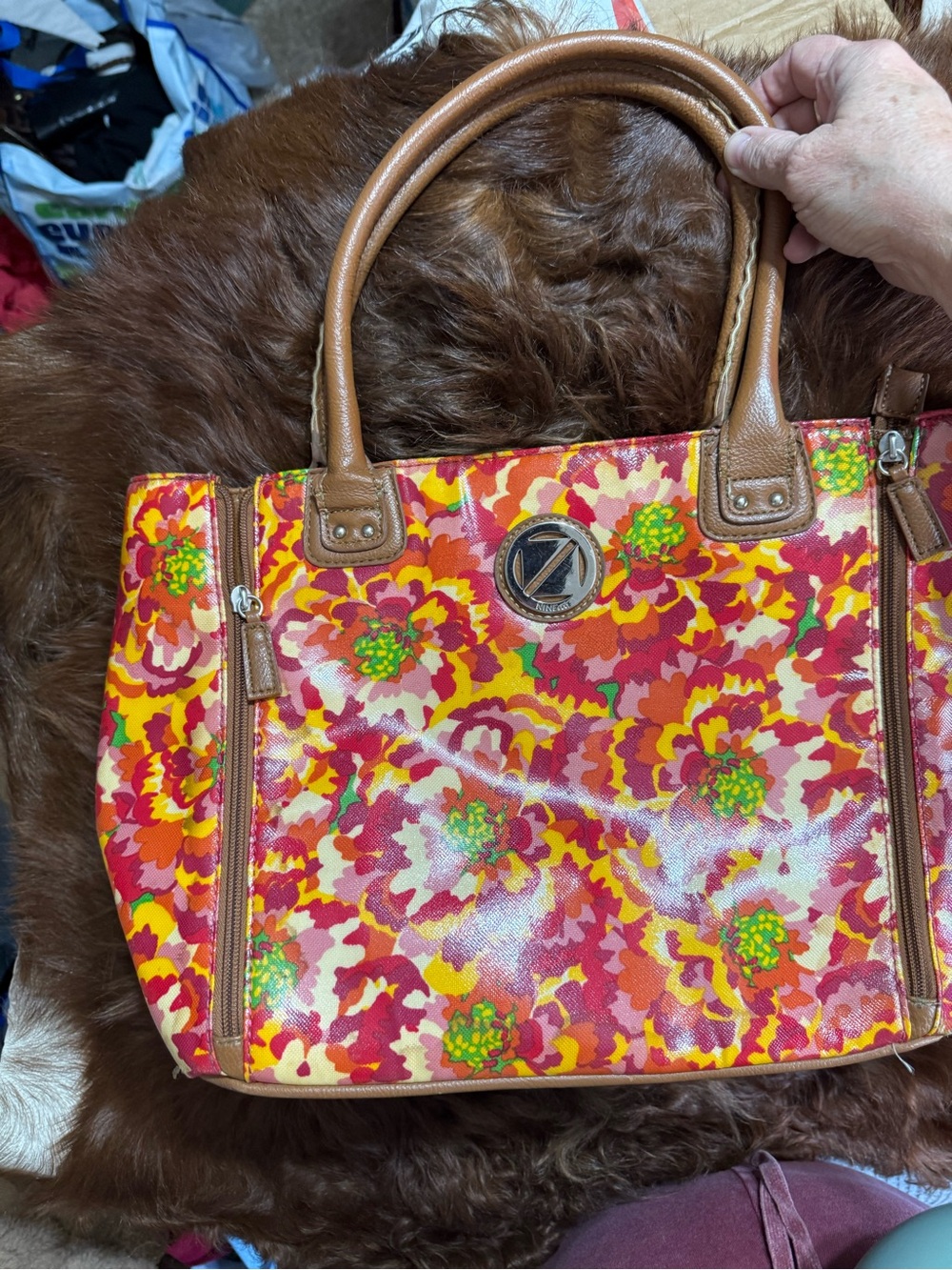 Nine & Co Floral Satchel Handbag Multicolor Coated Canvas Brown Shoulder Bag